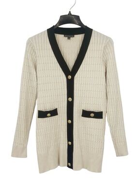 Adrianna Papell Textured Knit V-Neck Cardigan Cream Black Sz Large